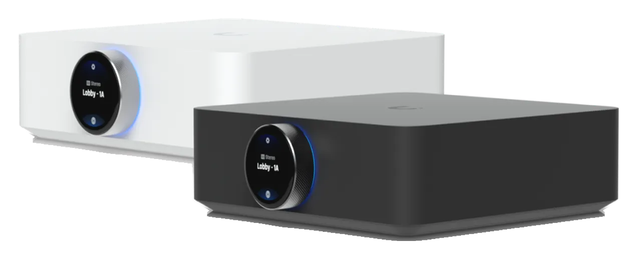 UniFi PowerAmp amplifiers in white and black